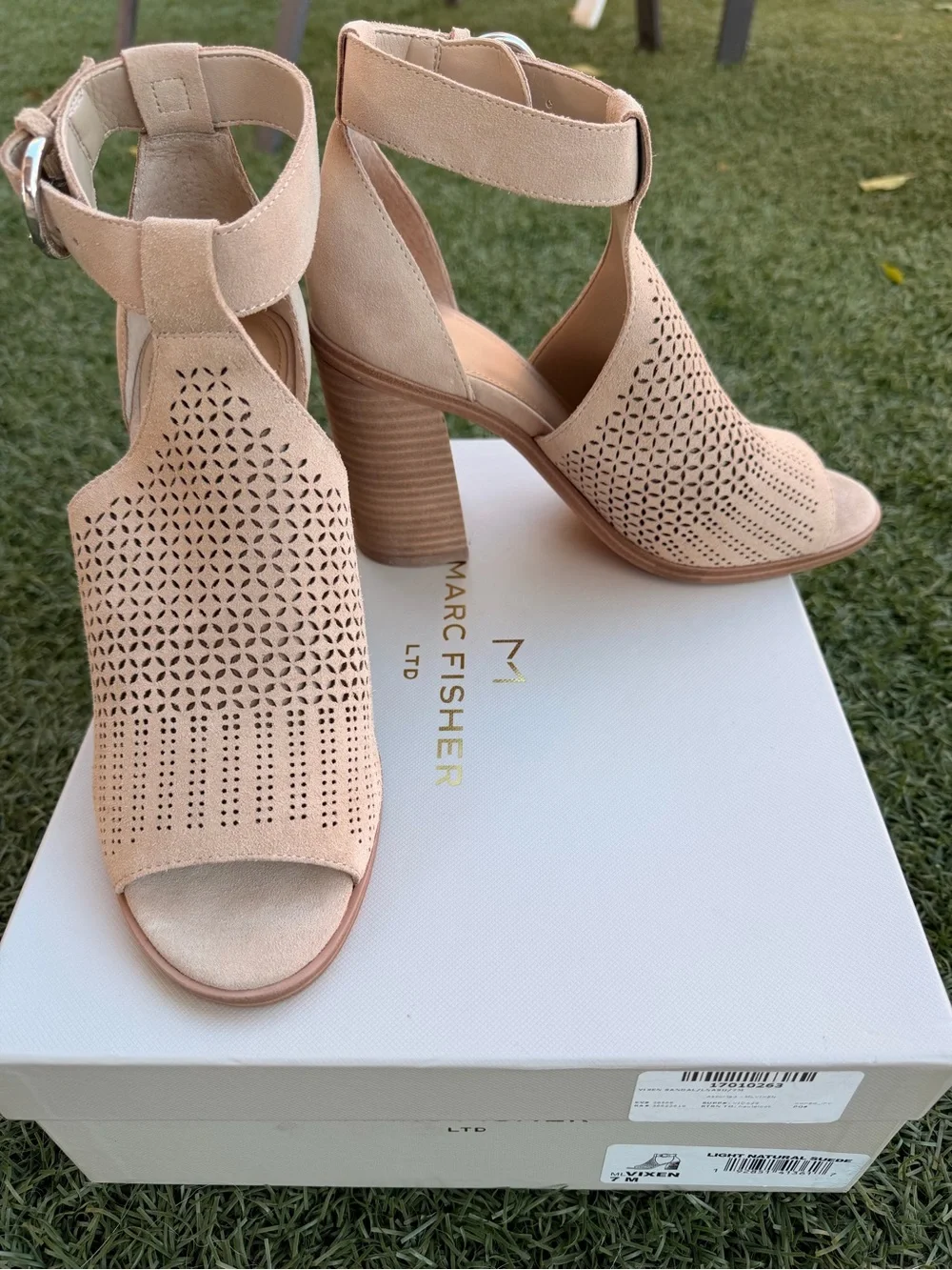 Marc Fisher Pink-Tan Suede Perforated Block Heel Sandals size 7